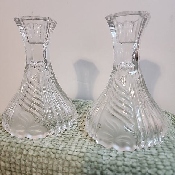 Anna Hütte Crystal Candle Holders 4.5" Frosted Leaf Base Pair Whirlpool - Picture 1 of 7